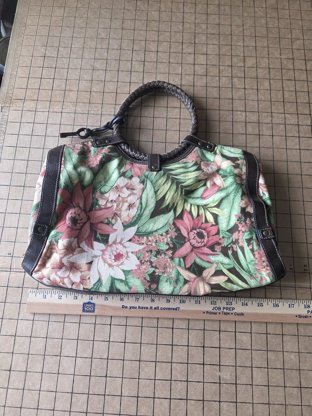 Fossil Spring Floral Canvas Satchel w/ Wooden Key Charm, 16x10, 5” Drop